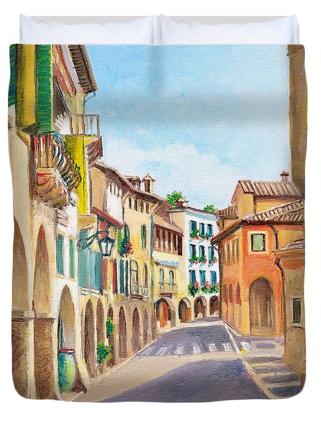 Italy Duvet Cover featuring the painting Via Browning in Asolo Veneto Italy by Dai Wynn