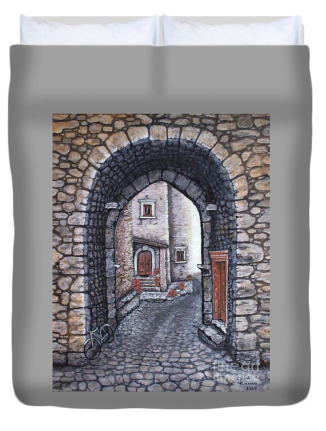 Santo Stefano Duvet Cover featuring the painting Via in Santo Stefano by Judy Kirouac