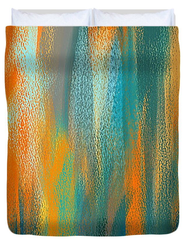Turquoise And Orange Duvet Cover featuring the painting Vibrant Blues - Turquoise and Orange Abstract Art by Lourry Legarde
