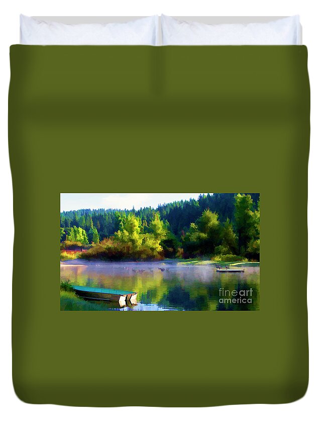 Landscape Duvet Cover featuring the photograph Vibrant Color Pond Boat Geese by Chuck Kuhn