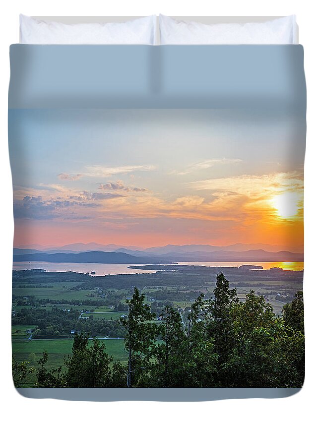 Adirondacks Duvet Cover featuring the photograph Vibrant sunset over Lake Champlain and the Adirondacks from Mount Philo Charlotte Vermont by Toby McGuire
