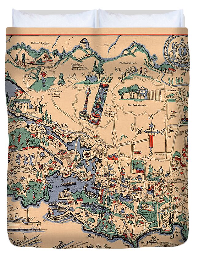 Victoria Duvet Cover featuring the mixed media Victoria, British Columbia - Vintage Illustrated Map - Historical Map - Pictorial Map by Studio Grafiikka