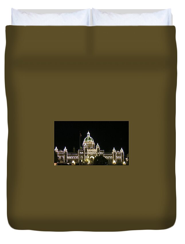 Night Lights Duvet Cover featuring the photograph Victoria Legislative Buildings by Betty Buller Whitehead