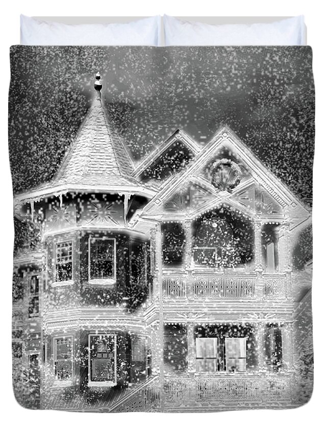 House Duvet Cover featuring the digital art Victorian Christmas black and white by Steve Karol