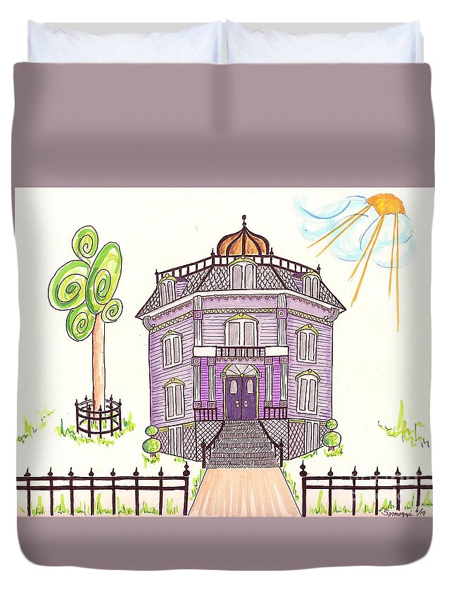 Architecture Duvet Cover featuring the drawing Victorian House in Lavender -- Stylized Architectural Drawing of Victorian House by Jayne Somogy