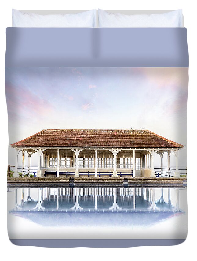 Sheringham Duvet Cover featuring the photograph Norfolk victorian seaside shelter with pink sunset sky by Simon Bratt