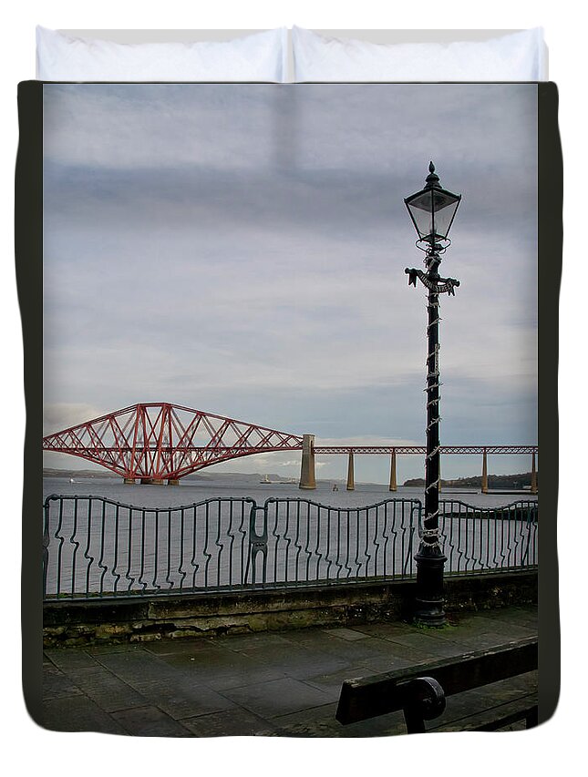 Forth Rail Bridge Duvet Cover featuring the photograph View at the Forth rail bridge from High Street in South Queensferry by Elena Perelman