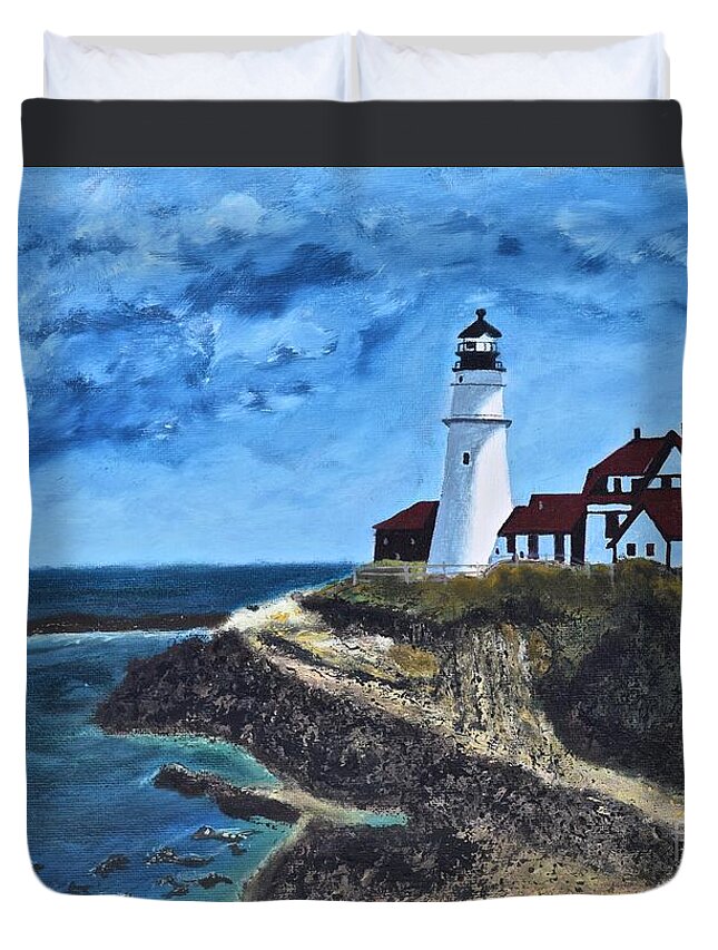  Duvet Cover featuring the painting View from the North Portland Head Light by Barrie Stark