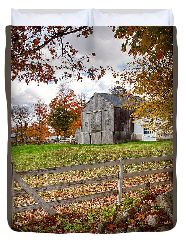  Duvet Cover featuring the photograph View of grey barn over the rocks by Jeff Folger