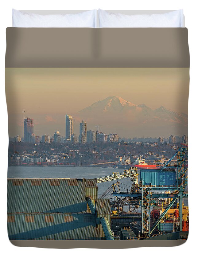 Vancouver Duvet Cover featuring the photograph View of Mount Baker and Vancouver BC at Sunset by David Gn