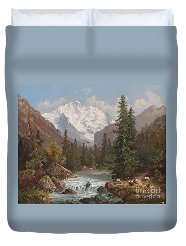 Hubert Sattler (vienna 1817-1904) View Of The Jungfrau Duvet Cover featuring the painting View of the Jungfrau by MotionAge Designs