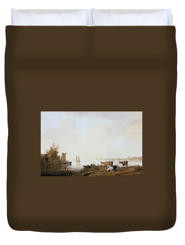 View Of The Maas Near Dordrecht Duvet Cover featuring the painting View of the Maas near Dordrecht by MotionAge Designs