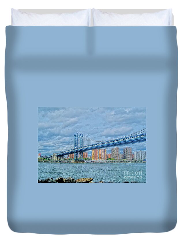 Bridge Duvet Cover featuring the photograph View of the Manhattan Bridge by Onedayoneimage Photography