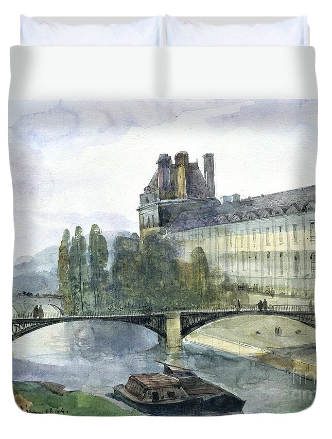 View Duvet Cover featuring the painting View of the Pavillon de Flore of the Louvre by Francois-Marius Granet