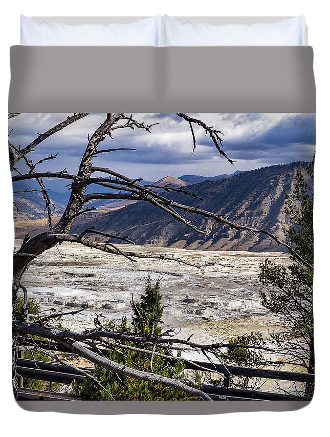 America Duvet Cover featuring the photograph View of the travertine and mountains from the pathway at Mammoth Hot Springs by Roslyn Wilkins