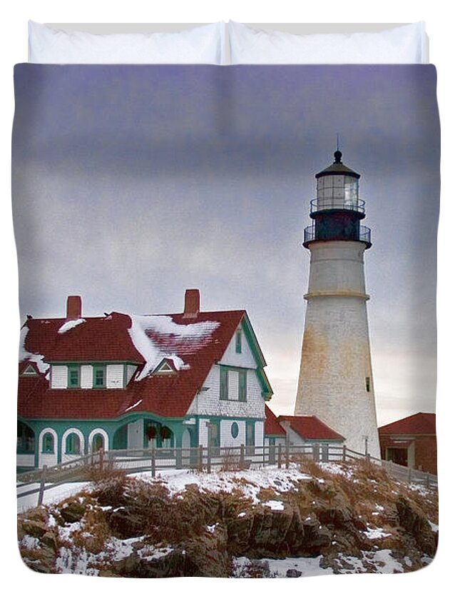 Portland Lighthouse Duvet Cover featuring the photograph View of Ram Island lighthouse from Portland head lighthouse by Jeff Folger