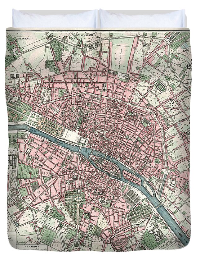 Ville De Paris Duvet Cover featuring the drawing Ville de Paris - Historical Map of the City of Paris, 1821 - Antique Maps by Studio Grafiikka