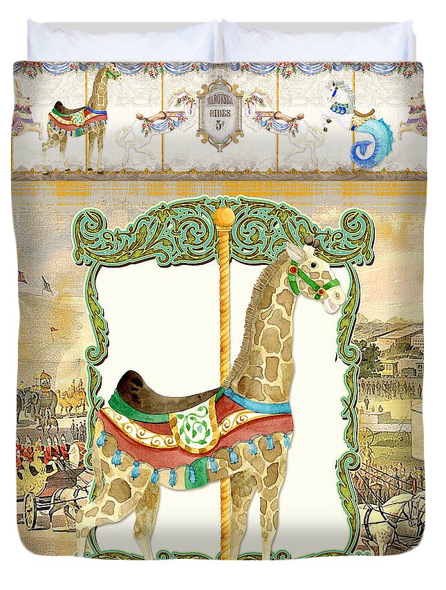 Carousel Duvet Cover featuring the painting Vintage Circus Carousel - Giraffe by Audrey Jeanne Roberts