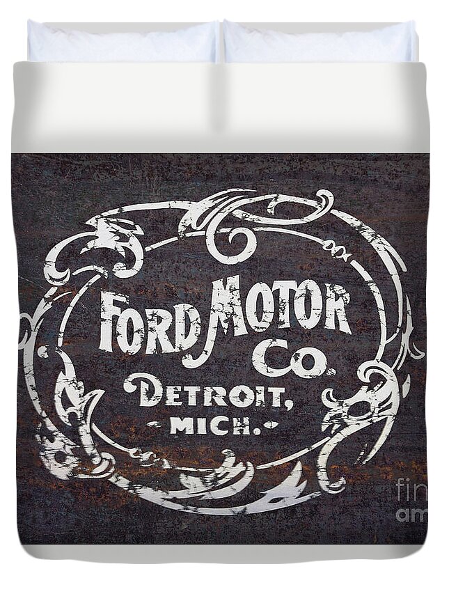 Ford Duvet Cover featuring the digital art Vintage Ford Motor Co. Rusty Sign by Edward Fielding
