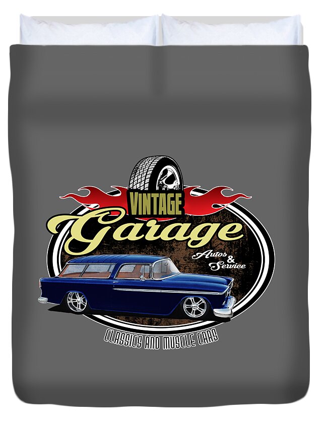 1955 Duvet Cover featuring the digital art Vintage Garage with Nomad by Paul Kuras