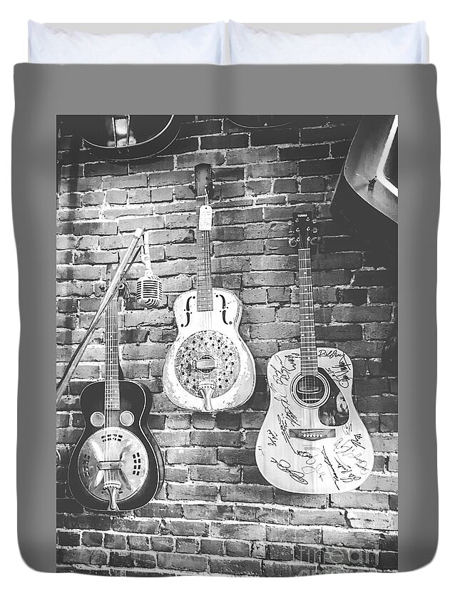 Guitars Duvet Cover featuring the photograph Vintage Guitar Trio in Black and White by Eleanor Abramson