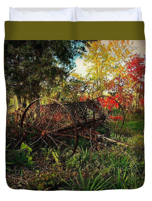Farm Duvet Cover featuring the photograph Vintage Hay Rake by Chris Berry