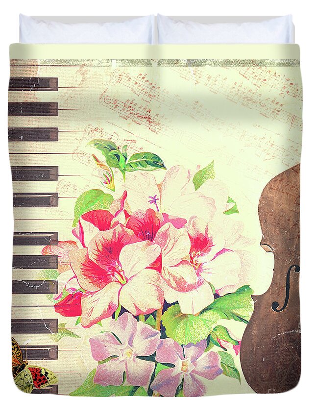 Music Duvet Cover featuring the mixed media Piano and cello vintage music collage by Delphimages Photo Creations