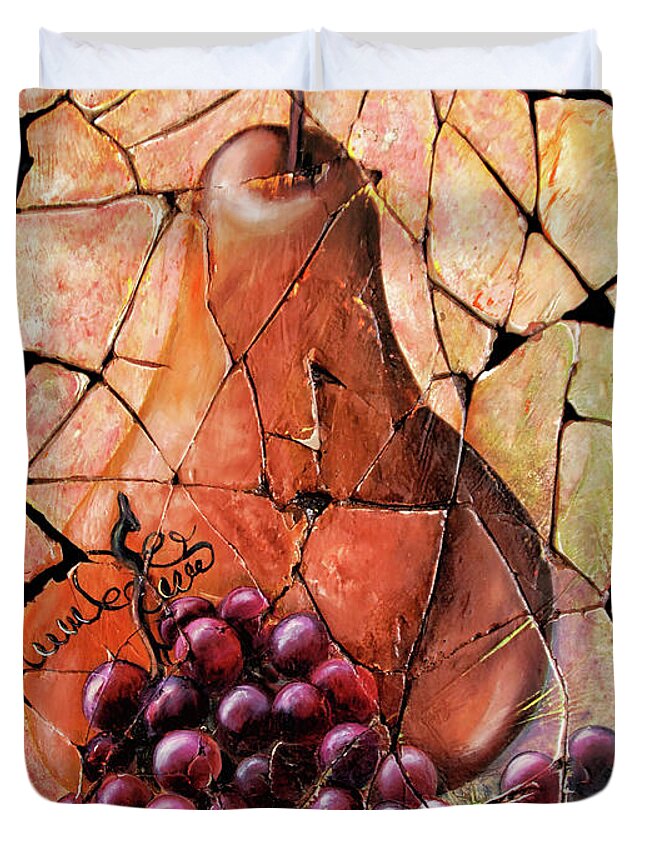  Fresco Antique Painting Grape Duvet Cover featuring the painting Vintage Pear And Grapes Fresco  by Lena Owens - OLena Art Vibrant Palette Knife and Graphic Design