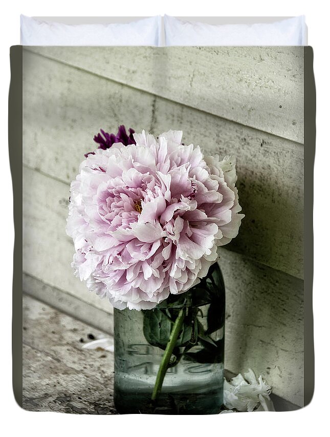 Vintage Duvet Cover featuring the photograph Vintage Pink Peony in Ball Jar by Julie Palencia