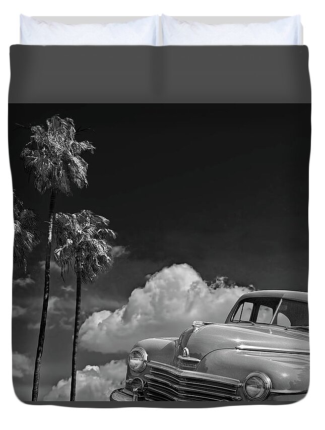 Car Duvet Cover featuring the photograph Vintage Plymouth Automobile in Black and White against Palm Trees by Randall Nyhof
