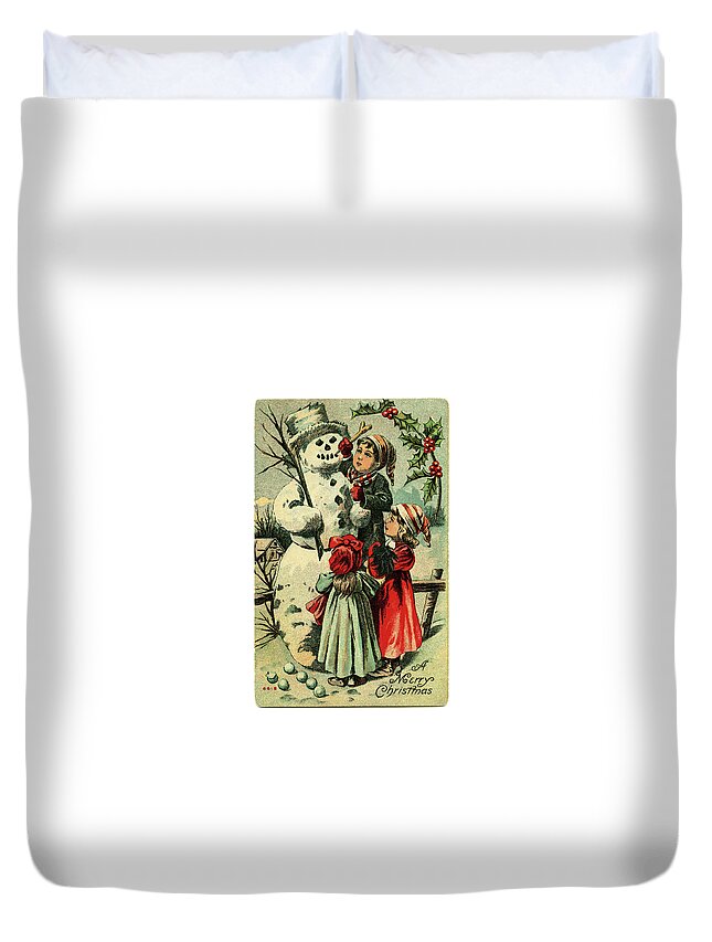 Christmas Duvet Cover featuring the painting Vintage Snowman and Children by Artist Unknown