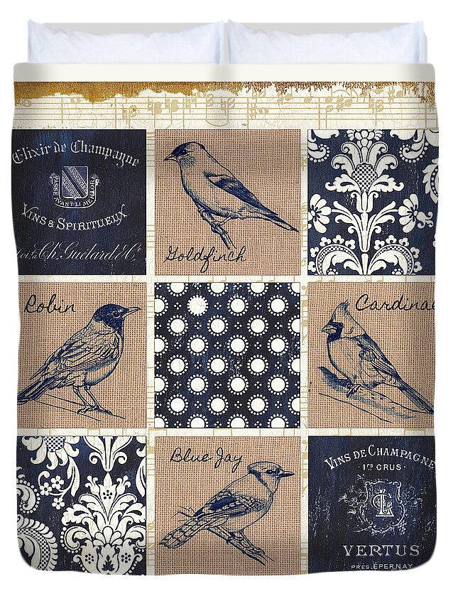 Birds Duvet Cover featuring the painting Vintage Songbirds Patch by Debbie DeWitt
