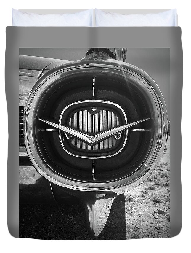 Kelly Hazel Duvet Cover featuring the photograph Vintage Tail Fin in Black and White by Kelly Hazel