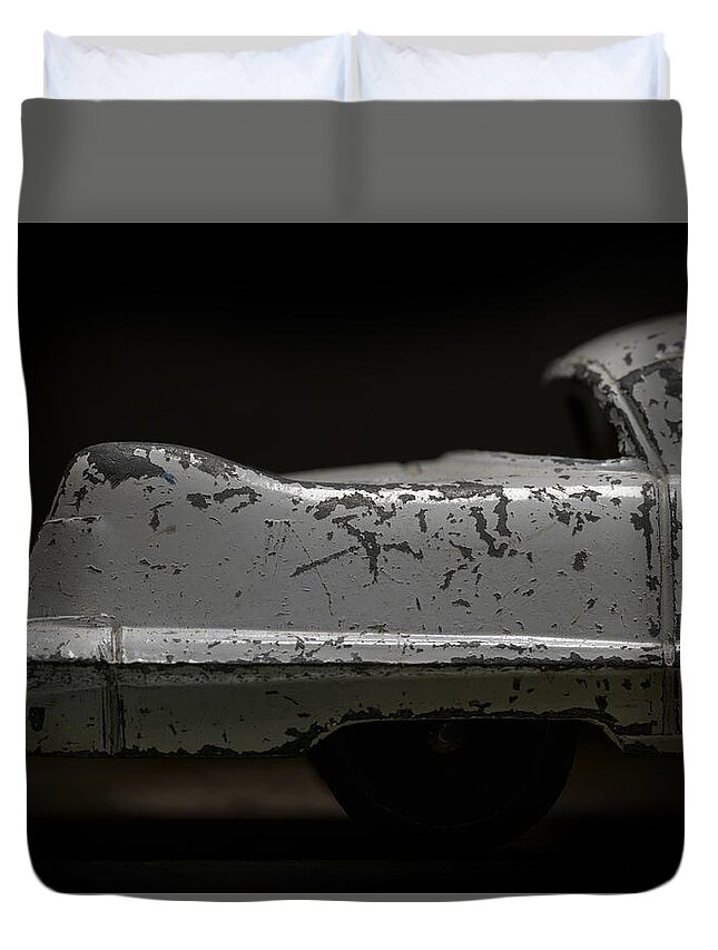 Old Toys Duvet Cover featuring the photograph Vintage White Cadillac Toy Car by Art Whitton
