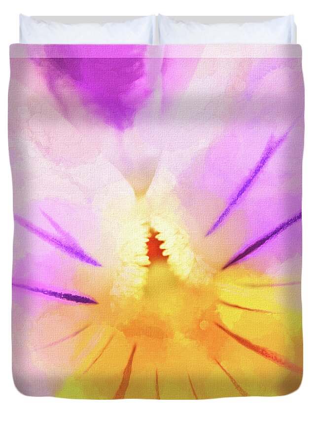 Mona Stut Duvet Cover featuring the digital art Viola Cornuta Horned Pansy Macro by Mona Stut