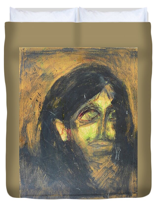 Expressive Duvet Cover featuring the painting Violence - Judy Weeps by Judith Redman