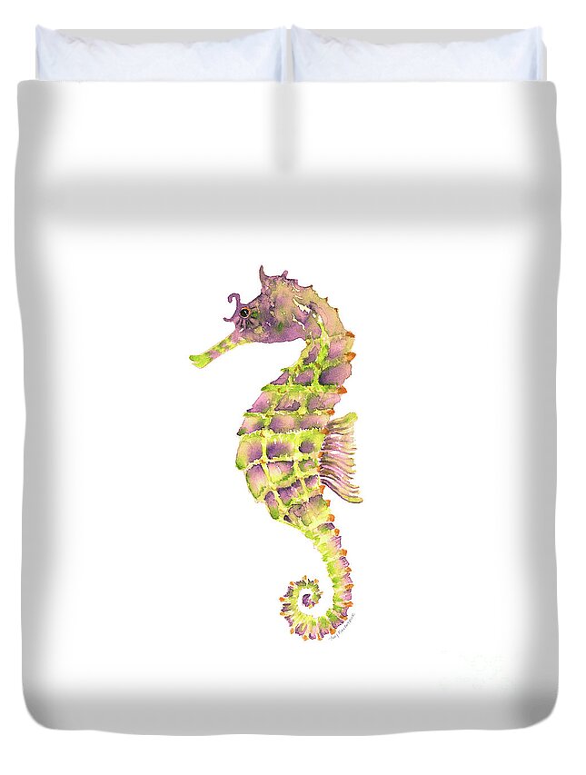 Seahorse Painting Duvet Cover featuring the painting Violet Green Seahorse - Square by Amy Kirkpatrick