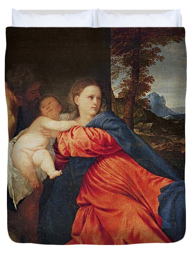 Virgin Duvet Cover featuring the painting Virgin and Infant with Saint John the Baptist and Donor by Titian