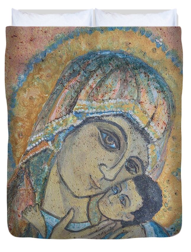 Saint Luke Duvet Cover featuring the painting Virgin Mary and Child of Luke by Sarah Hornsby