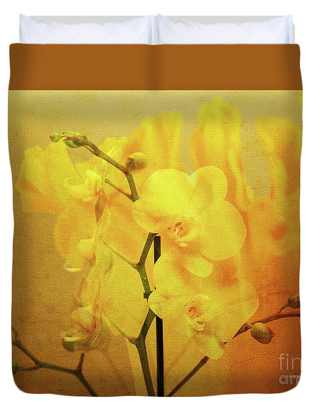 Mona Stut Duvet Cover featuring the photograph Yellow Visions of Spring Orchids by Mona Stut