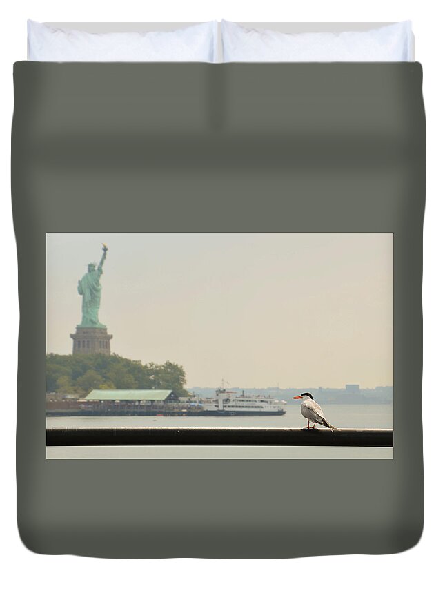 Duvet Cover featuring the mixed media Visiting Liberty by Trish Tritz