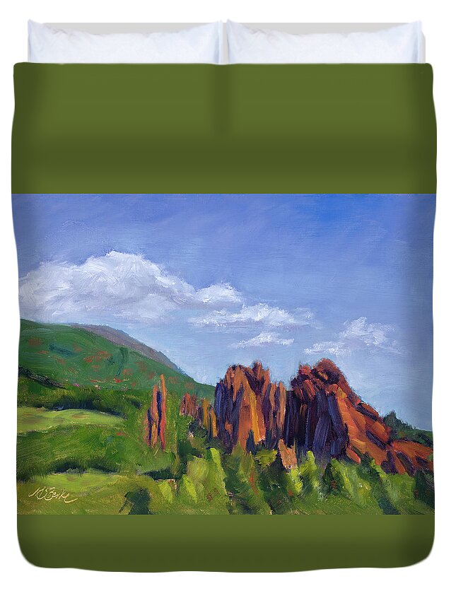 Garden Duvet Cover featuring the painting Vista of the Gods by Mary Benke