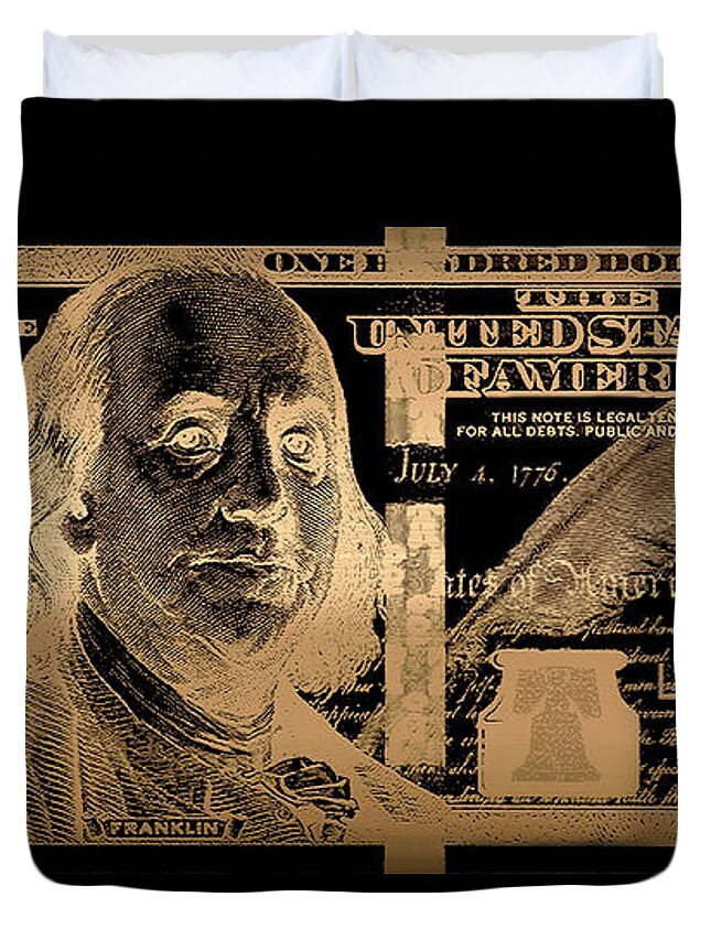 'visual Art Pop' Collection By Serge Averbukh Duvet Cover featuring the digital art One Hundred US Dollar Bill - $100 USD in Gold on Black by Serge Averbukh