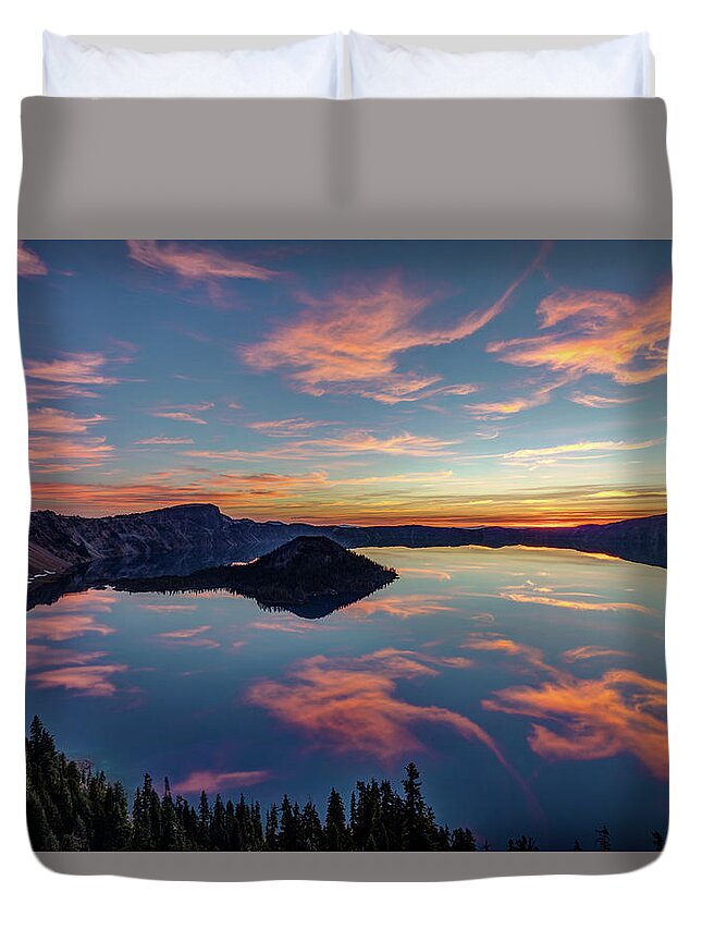 Crater Lake Duvet Cover featuring the photograph Volcanic Sunrise at Crater Lake by Pierre Leclerc Photography