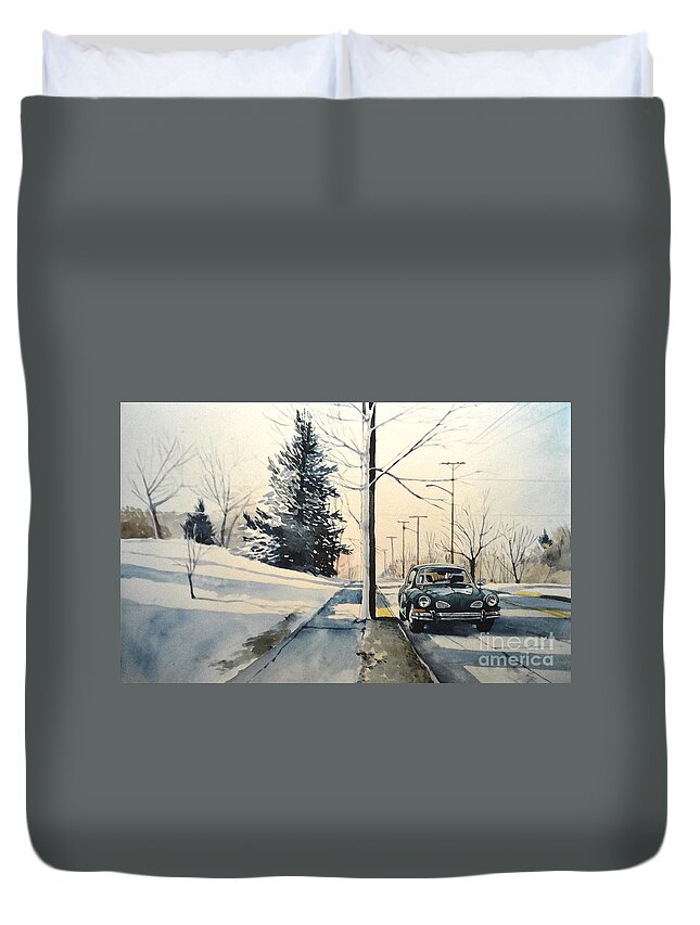 Volkswagen Duvet Cover featuring the painting Volkswagen Karmann Ghia on snowy road by Christopher Shellhammer