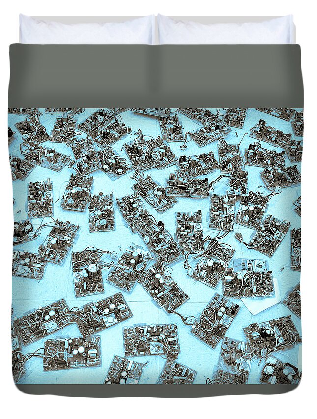 Vt100 Duvet Cover featuring the photograph VT100 Video Terminal Monitor Circuit Boards by Kathy Anselmo