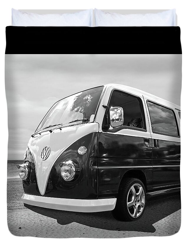 Vw Camper Van At The Beach In Black And White Duvet Cover For Sale