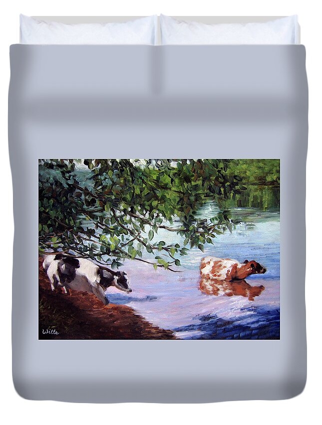 Cows Wading Duvet Cover featuring the painting Wading by Marie Witte
