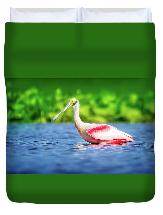Roseate Spoonbill Duvet Cover featuring the photograph Wading Spoonbill by Mark Andrew Thomas