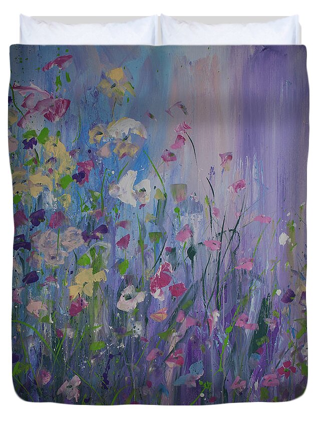 Flowers Duvet Cover featuring the painting Wading Through the Flowers by Terri Einer